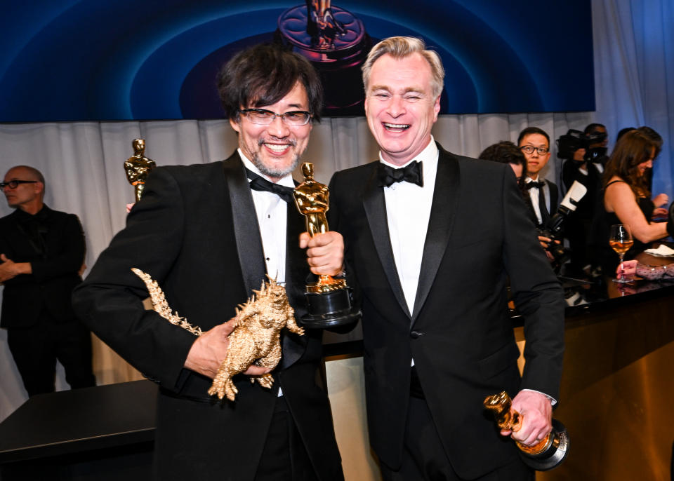 Takashi Yamazaki and Christopher Nolan at the 96th Annual Oscars Governors Ball held at Dolby Theatre on March 10, 2024 in Los Angeles, California. (Photo by Michael Buckner/Variety via Getty Images)