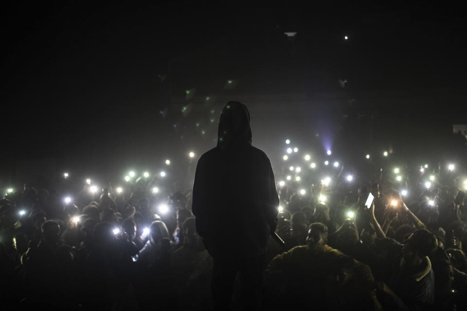 In this Friday, Nov. 22, 2019 photo, Moroccan rapper Madd performs at a rap concert as part of the Visa for Music festival in Rabat, Morocco. (AP Photo/Mosa'ab Elshamy)