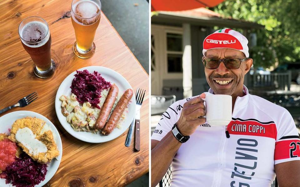 From left: Bratwurst and schnitzel plates at Hermann Wurst Haus, in Hermann; a cyclist takes a break along the Katy Trail.