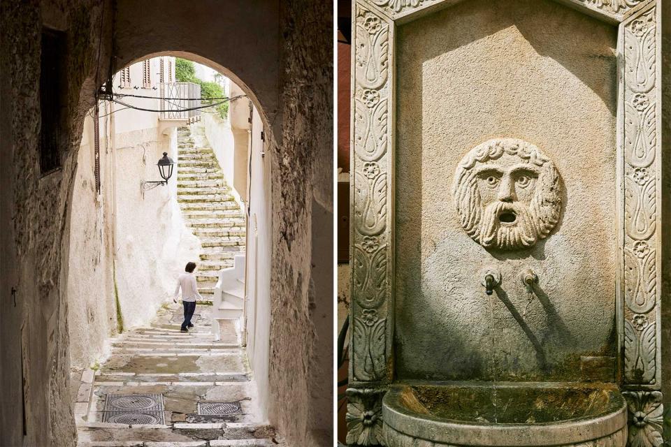 Pair of photos from Italy, showing a staircase in Sperlonga and a drinking fountain in San Felice Circeo