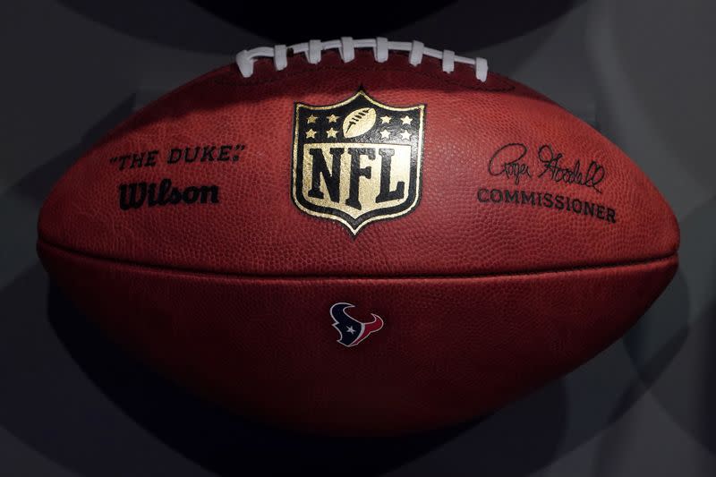 The NFL logo is pictured on a football at an event in the Manhattan borough of New York City