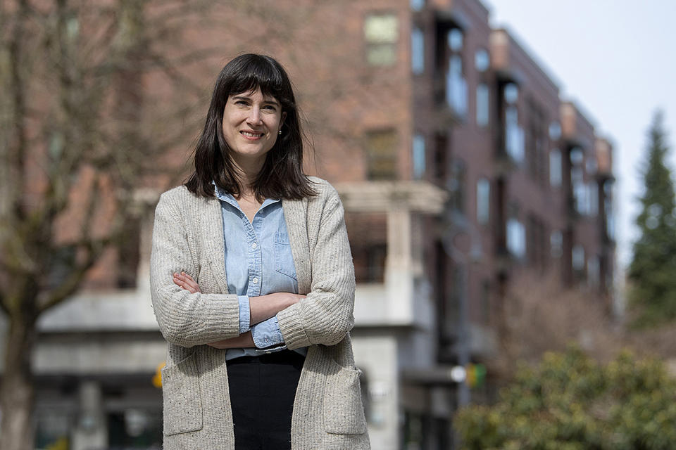 FILE - Marie Gluesenkamp Perez, a Democrat who is challenging U.S. Rep. Jaime Herrera Beutler, R-Wash., for her seat in Washington's 3rd Congressional District, poses for a photo on March 9, 2022, in Vancouver, Wash. Beutler, has conceded her reelection bid after being overtaken in late vote tallies by Joe Kent, endorsed by former President Donald Trump, in the 3rd Congressional District contest. (Amanda Cowan/The Columbian via AP, File)