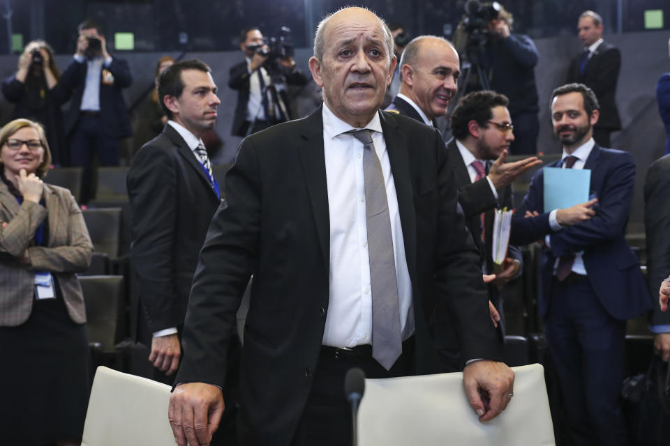 France's Foreign Minister Jean-Yves Le Drian arrives to a NATO Foreign Ministers meeting at the NATO headquarters in Brussels, Wednesday, Nov. 20, 2019. (AP Photo/Francisco Seco)