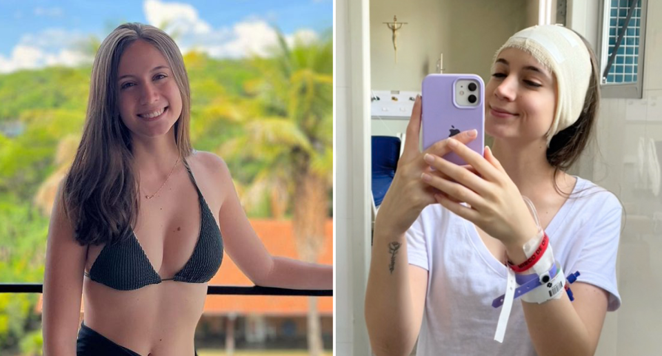 Woman pictured in bikini and at hospital. 