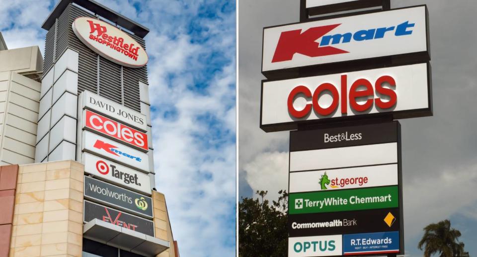 Westfield and other shopping centre signs showing Coles, Woolworths, Kmart, Best&Less, Target, Westfield logos. Source: Getty Images