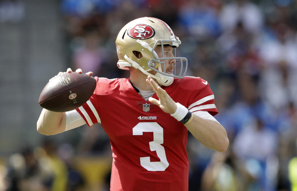San Francisco 49ers quarterback C.J. Beathard passes during the first half of an NFL football game against the Los Angeles Chargers, Sunday, Sept. 30, 2018, in Carson, Calif. (AP Photo/Marcio Sanchez)