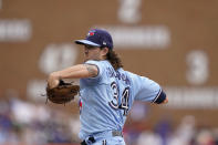 Toronto Blue Jays starting pitcher Kevin Gausman throws during the first inning of a baseball game against the Detroit Tigers, Saturday, June 11, 2022, in Detroit. (AP Photo/Carlos Osorio)