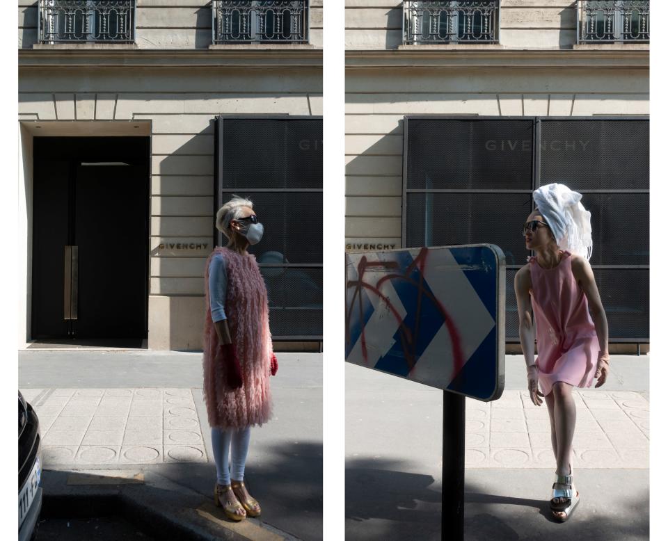 Wearing Balenciaga by Nicolas Ghesquière and Christopher Kane in front of the Givenchy store.