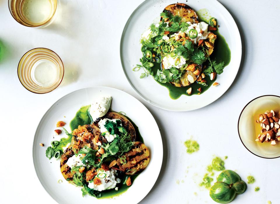 Grilled Green Tomatoes with Burrata and Green Juice