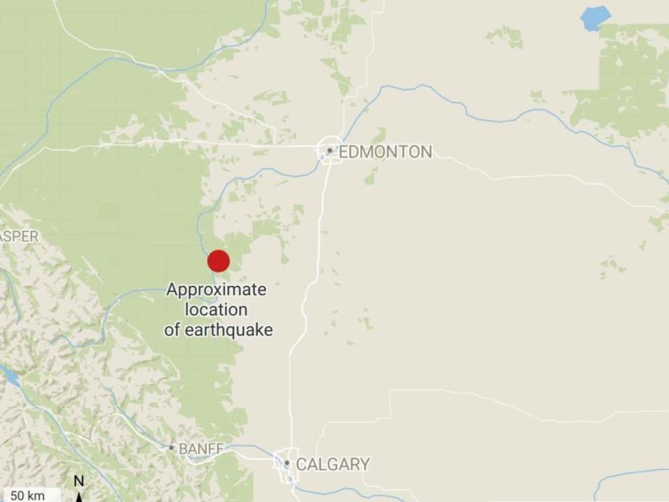 A 5.0 magnitude earthquake was reported just before 9:30 p.m. MT about 37 kilometres north-northwest of Rocky Mountain House, Alta. (CBC - image credit)