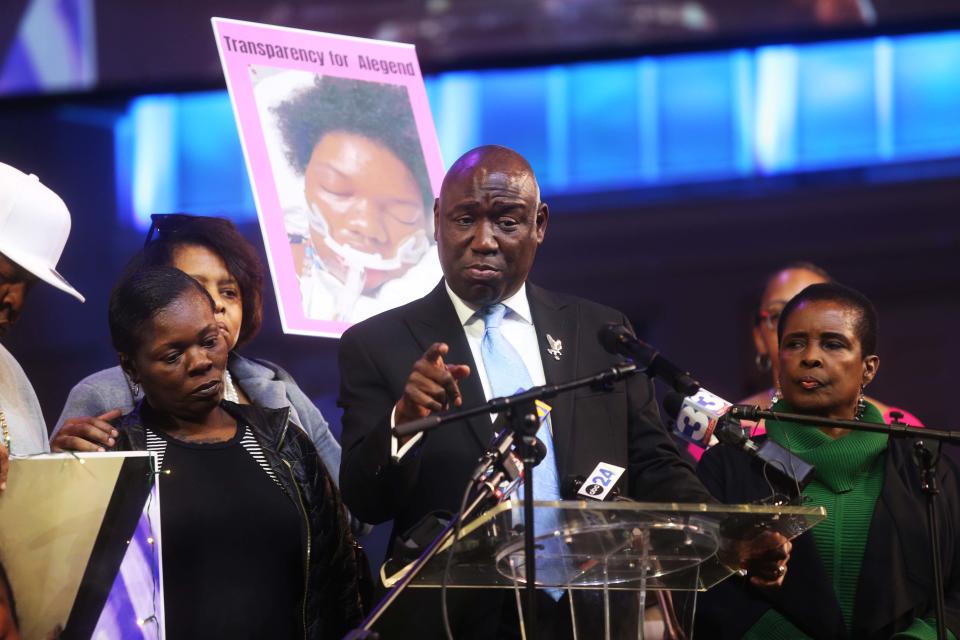 Attorney Ben Crump speaks during a press conference about what they believe happened to 17-year old Alegend Jones while in custody of Youth Villages-Bartlett location on Wednesday, November, 29, 2023 at Mississippi Boulevard Christian Church in Memphis, Tenn.