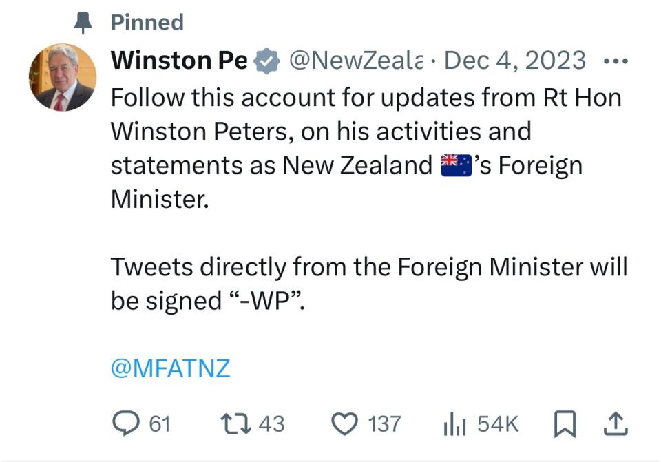 紐西蘭外交部長皮特斯（Winston Peters）2024.4.4在歐洲2024.4.4透過社群媒體X平台中發文表示，地震之後，我們與台灣人同在，尤其是那些直接受到地震衝擊，以及親人失蹤的人們。X平台