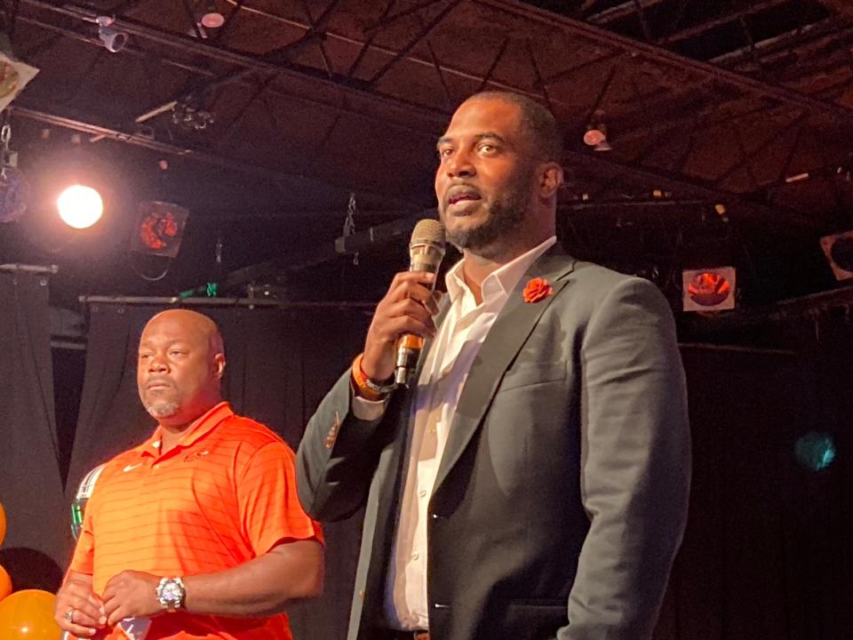 FAMU football head coach Willie Simmons speaks to the crowd about the new players on National Signing Day during an event at The Moon on Feb. 2, 2022.