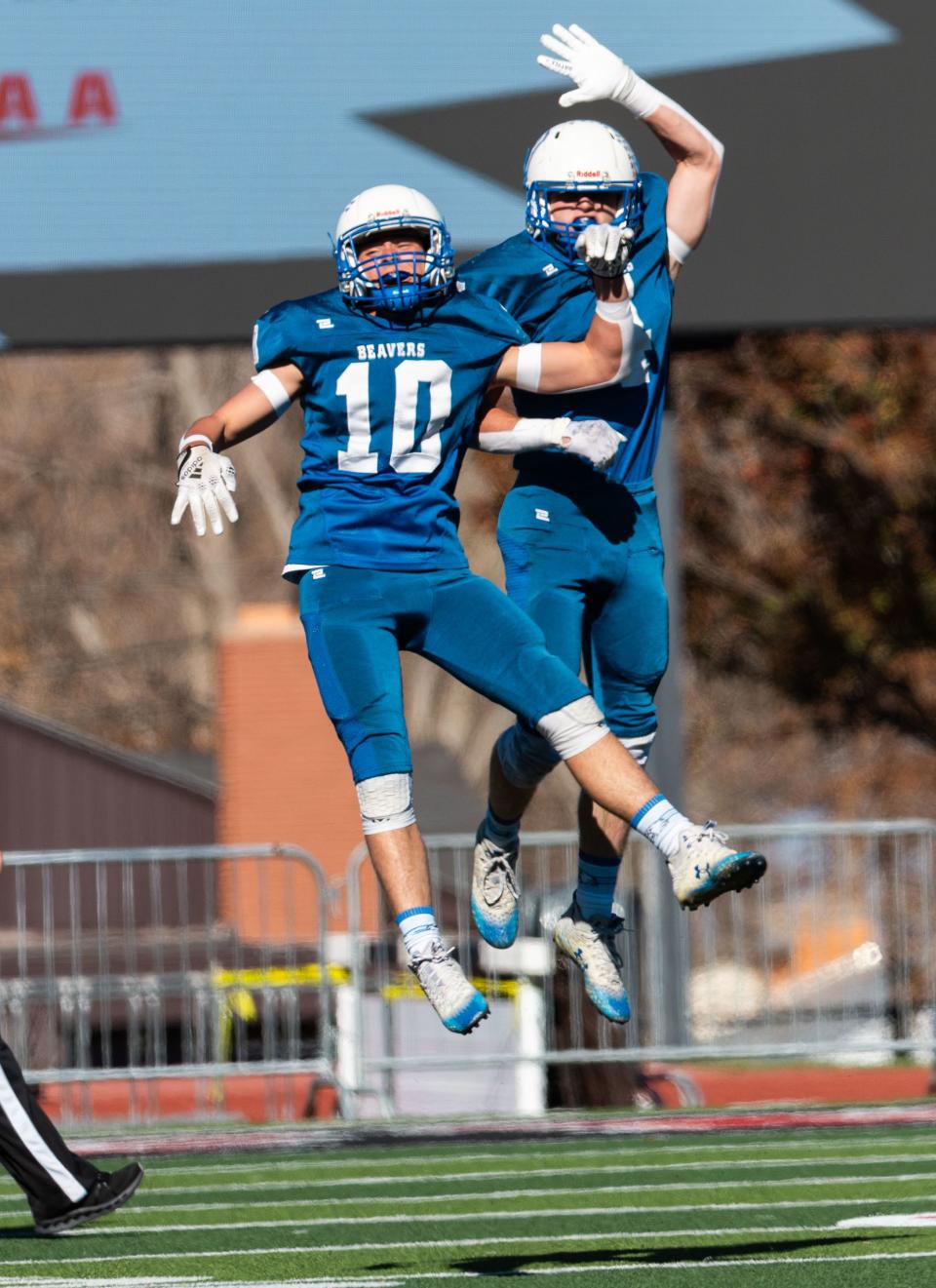 Beaver High School’s Andrew Hollingshead, left, and Gage Raddon celebrate a fumble recovery during the 1A football state championship game against Enterprise High School at Southern Utah University in Cedar City on Saturday, Nov. 11, 2023. | Megan Nielsen, Deseret News