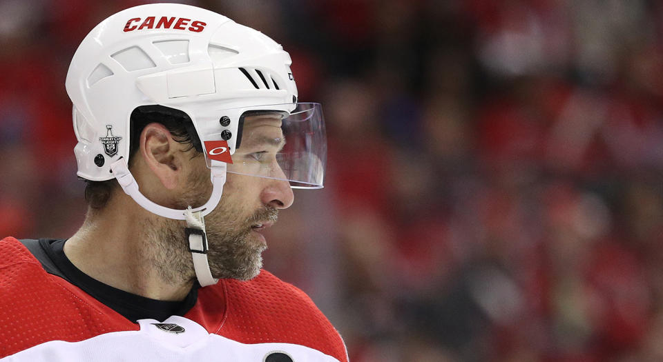 WASHINGTON, DC - APRIL 20: Justin Williams #14 of the Carolina Hurricanes looks on against the Washington Capitals in the second period in Game Five of the Eastern Conference First Round during the 2019 NHL Stanley Cup Playoffs at Capital One Arena on April 20, 2019 in Washington, DC. (Photo by Patrick Smith/Getty Images) 