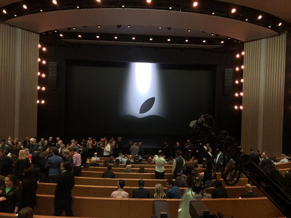 Inside the Steve Jobs Theater in Cupertino, Calif., where Apple is set to announce new streaming services.