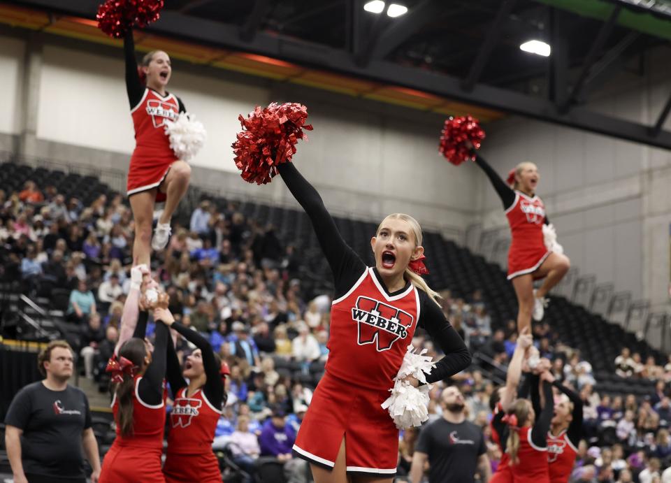 Weber High School competes in the 6A Competitive Cheer Tournament at the UCCU Center at Utah Valley University in Orem on Thursday, Jan. 25, 2023. | Laura Seitz, Deseret News