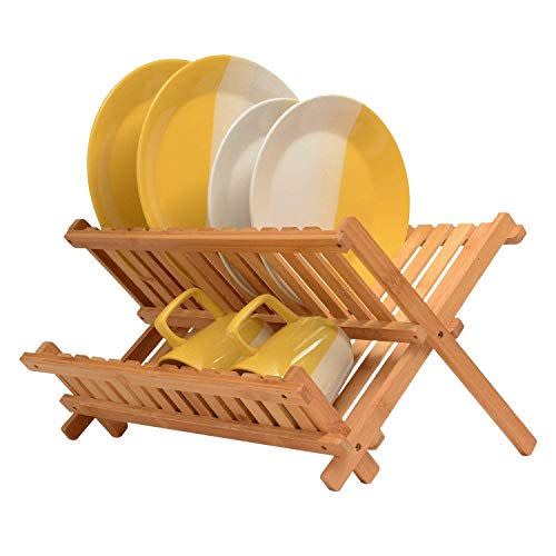 Premium Bamboo Dish Drying Rack - BAMBÜSI Compact Collapsible Dish Rack Kitchen Plate Holder