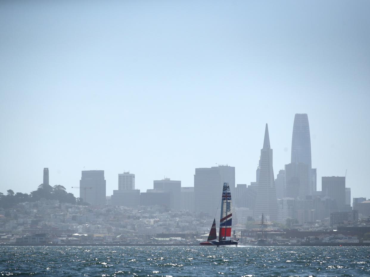 Team Great Britain races in the San Francisco Bay during a practice day for the SailGP races on May 03, 2019 in San Francisco, California.  (Getty Images)