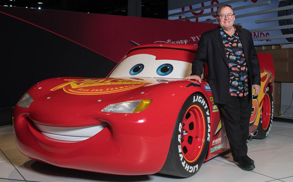 A life-size model of Lightning McQueen makes his debut at the North America International Auto Show during a 'Cars 3' presentation by Pixar Animation Studios Chief Creative Officer John Lasseter (Credit: Robert Bruce/Pixar)