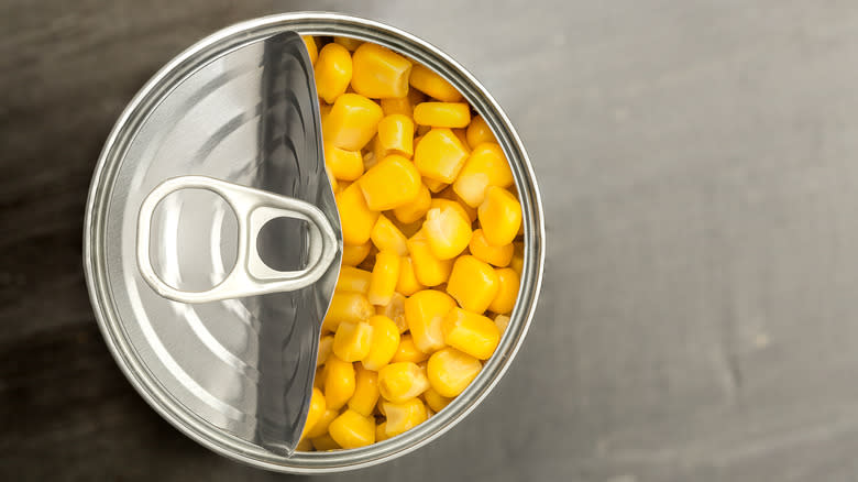 Overhead view of canned corn 