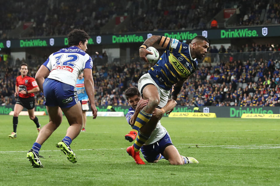 Manu Ma'u of the Eels Is tackled during the round 23 NRL match between the Parramatta Eels and the Canterbury Bulldogs at Bankwest Stadium on August 22, 2019 in Sydney, Australia. (Photo by Mark Metcalfe/Getty Images)