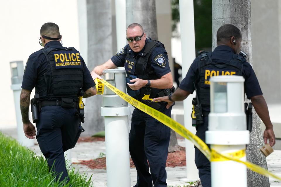 Federal Protective Service Police officers cordon off an area outside the Wilkie D. Ferguson Jr. U.S. Courthouse, Monday, June 12, 2023, in Miami. (AP)