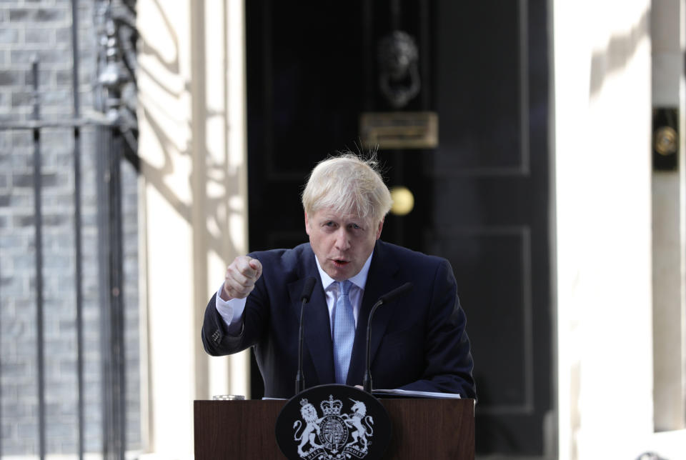 New Prime Minister Boris Johnson makes a speech outside 10 Downing Street, London, after meeting Queen Elizabeth II and accepting her invitation to become Prime Minister and form a new government.