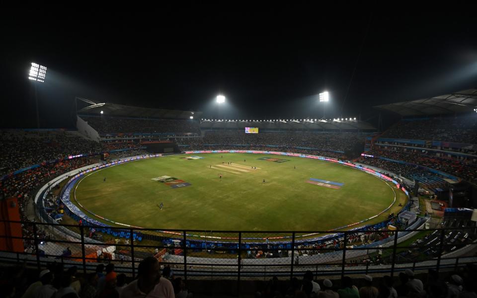 General view of the game during the ICC Men's Cricket World Cup India 2023 between Pakistan and Sri Lanka at the Rajiv Gandhi International Stadium on October 10, 2023 in Hyderabad, India