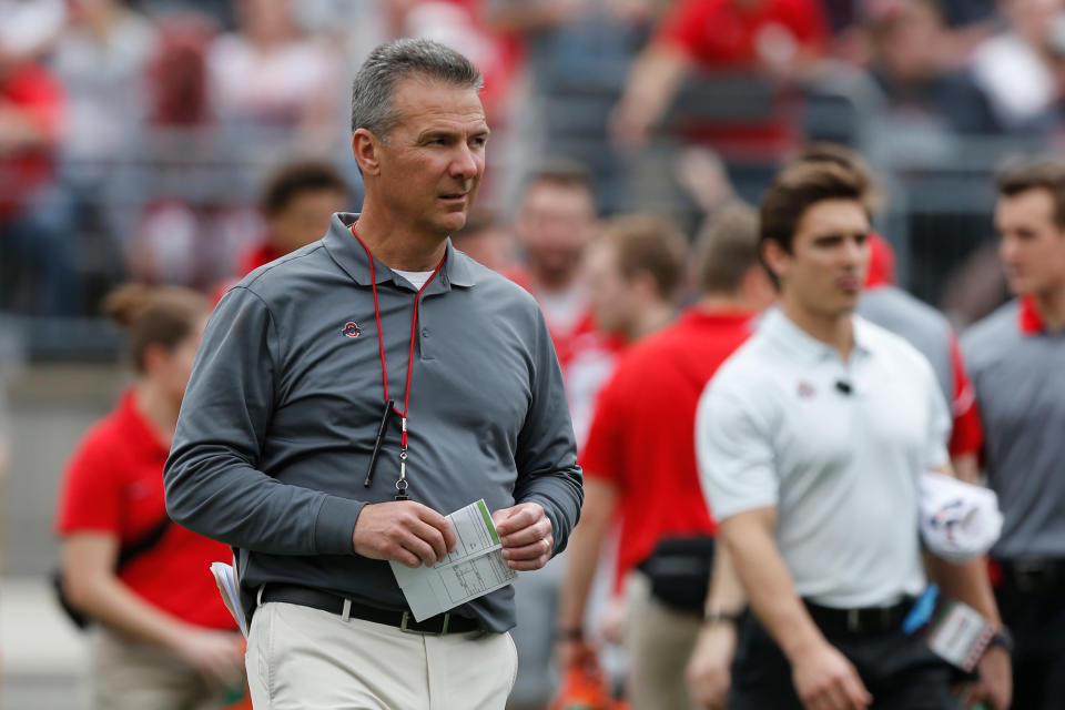 Ohio State head coach Urban Meyer watches their NCAA college spring football game Saturday, April 14, 2018, in Columbus, Ohio. (AP Photo/Jay LaPrete)