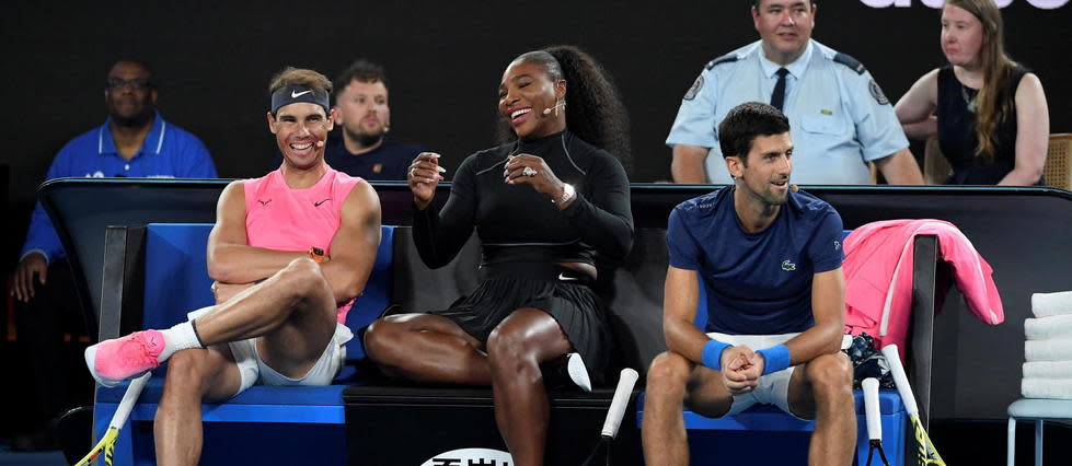 Serena Williams au milieu de Rafael Nadal et Novak Djokovic.
