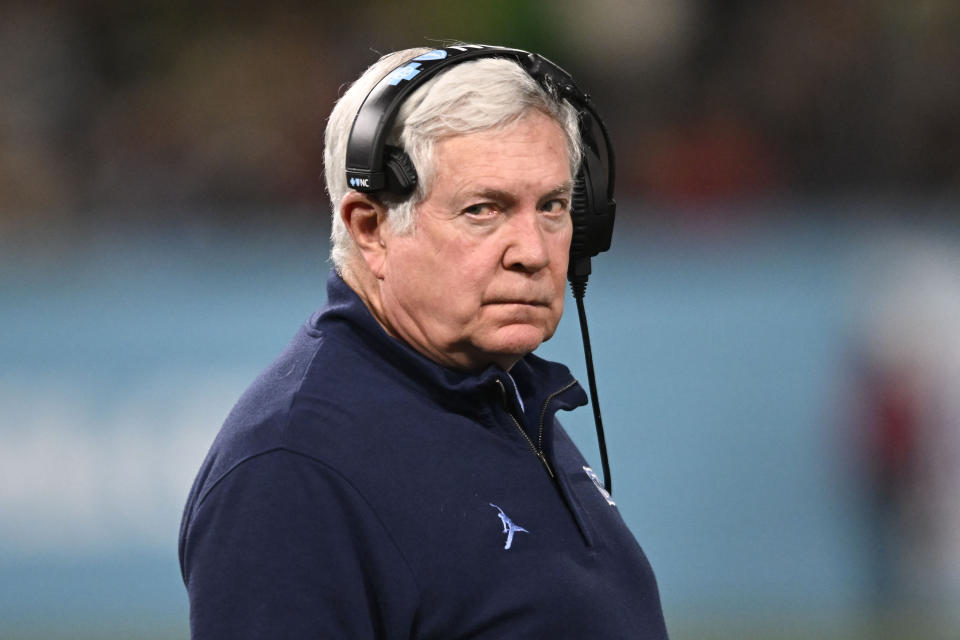 North Carolina coach Mack Brown watches from the sideline during the second half of the team's Holiday Bowl NCAA college football game against Oregon on Wednesday, Dec. 28, 2022, in San Diego. (AP Photo/Denis Poroy)