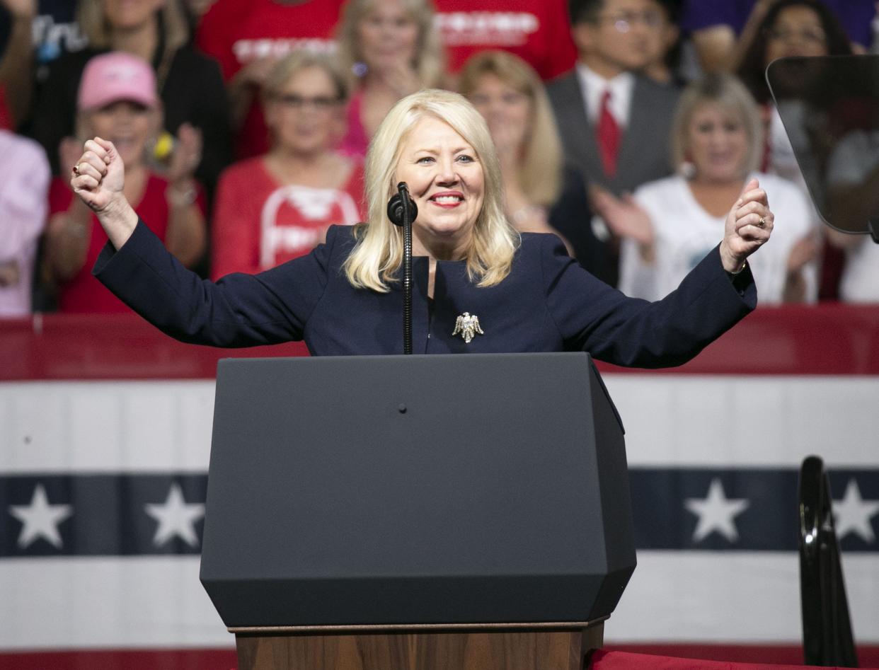 U.S. Rep. Debbie Lesko, R-Ariz., speaks during a rally for President Donald Trump at the Arizona Veterans Memorial Coliseum in Phoenix on Feb.19, 2020.