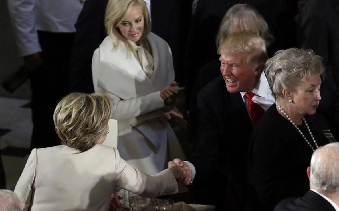 Donald Trump shakes hands with Hillary Clinton during the Inaugural luncheon at the National Statuary Hall in Washington on January 20, 2017: Yuri Gripas/Reuters