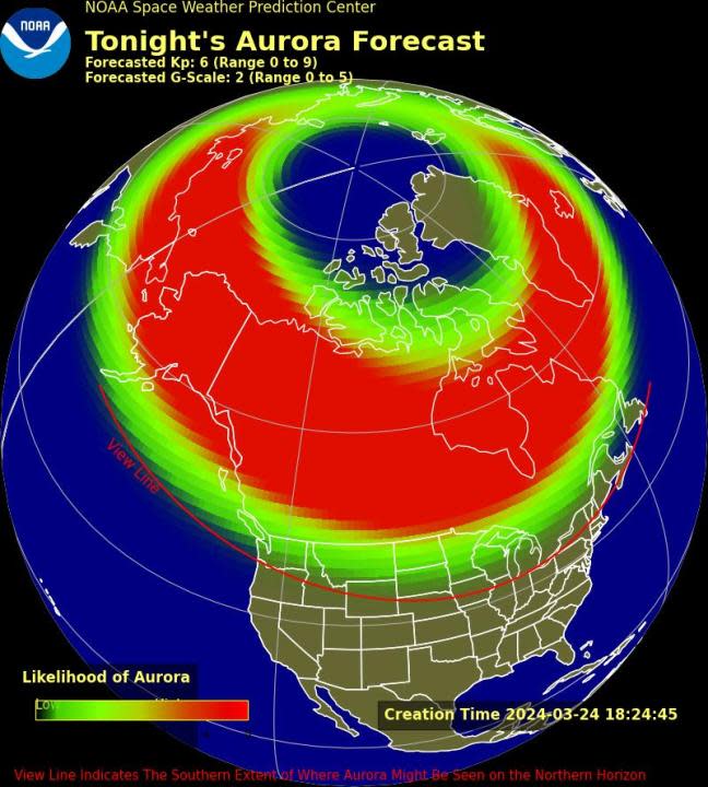 The aurora forecast for Sun., March 24, 2024, as of 2:30 p.m. ET. (NOAA SWPC)