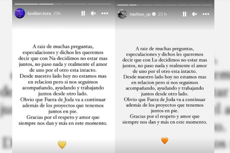 La expareja confirmó su separación con un mismo mensaje (Captura Instagram)