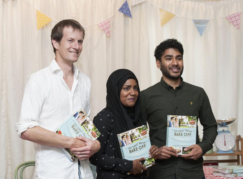 Great British Bake Off finalists (left to right) Ian Cumming, Nadiya Hussain and Tamal Ray before signing copies of the Great British Bake Off book at Waterstones Piccadilly, London.