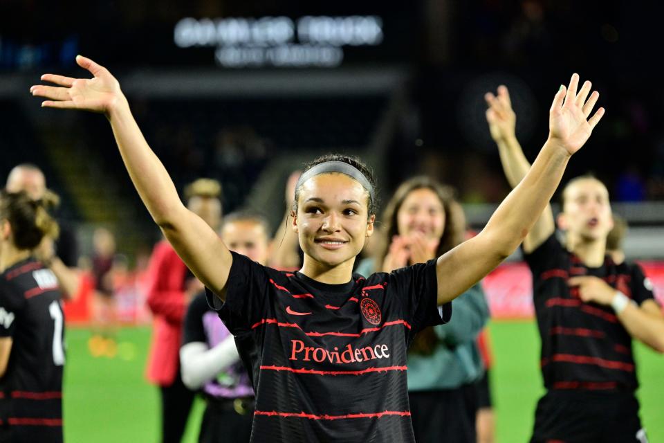 Portland Thorns FC forward Sophia Smith (9) celebrates defeating the Washington Spirit at Providence Park in Portland, Oregon, on Jun 23, 2023.