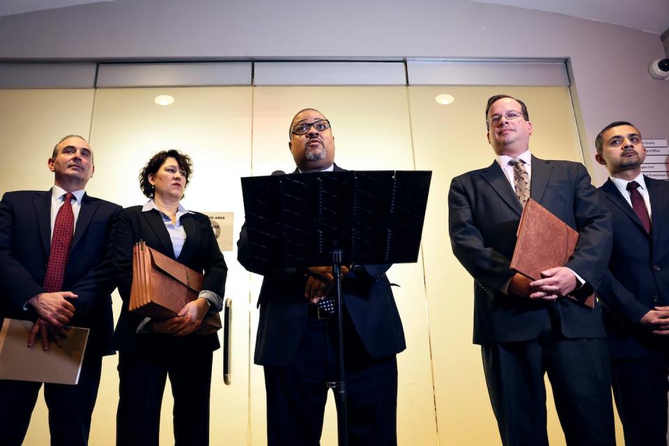 Manhattan District Attorney Alvin Bragg speaks at a news conference in January 2023. <a href="https://media.gettyimages.com/id/1456196841/photo/trump-organization-sentenced-in-criminal-tax-fraud-case.jpg?s=1024x1024&w=gi&k=20&c=7I4r_9K8uFNtG6bAroz9Zp-atrO9H6HbvIhn4O6KdbU=" rel="nofollow noopener" target="_blank" data-ylk="slk:Michael M. Santiago/Getty Images;elm:context_link;itc:0;sec:content-canvas" class="link ">Michael M. Santiago/Getty Images</a>