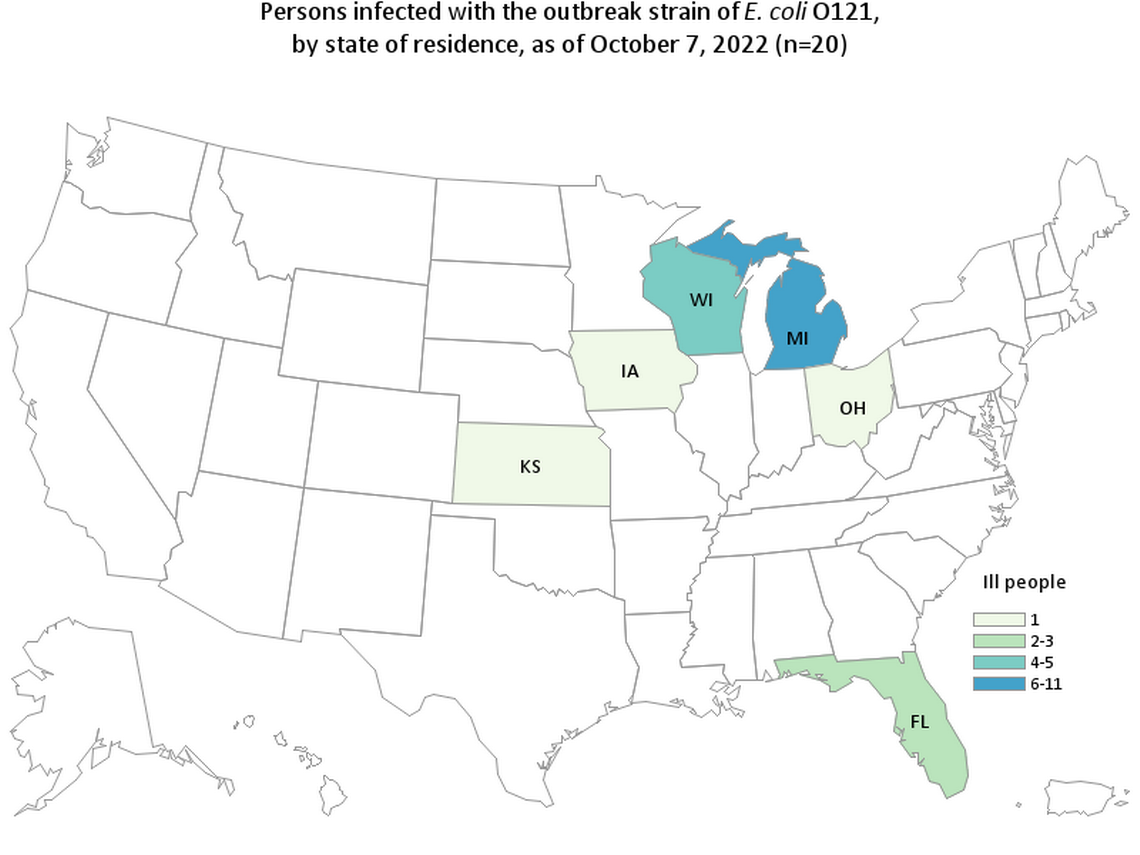 According to the FDA, these states had cases of E. coli sicknesses linked to Earth Grown frozen falafel sold by Aldi stores nationwide as of Oct. 7, 2022.: Florida had two, Iowa, Kansas, Michigan and Ohio had one apiece and Wisconsin had four.