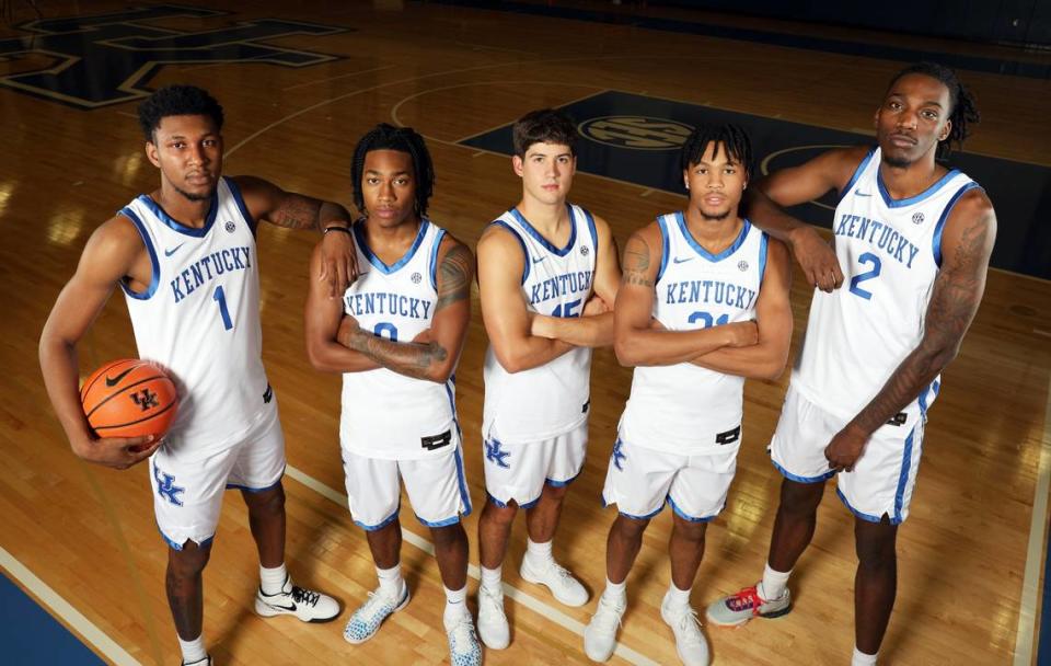 From left: Justin Edwards, Rob Dillingham, Reed Sheppard, D.J. Wagner and Aaron Bradshaw are the key players in Kentucky’s No. 1-ranked recruiting class.
