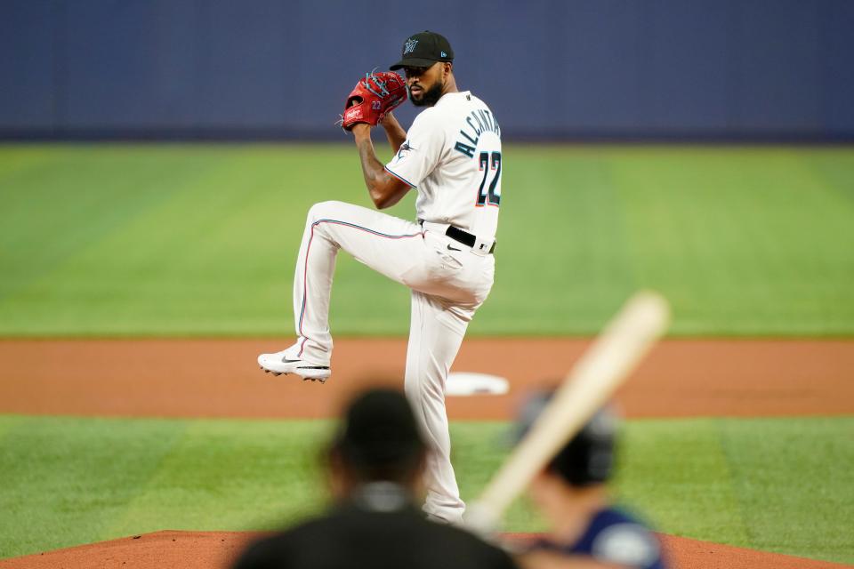 Miami Marlins' Sandy Alcantara pitches to Seattle Mariners' Adam Frazier during the first inning of a baseball game, Sunday, May 1, 2022, in Miami. (AP Photo/Wilfredo Lee) ORG XMIT: OTK