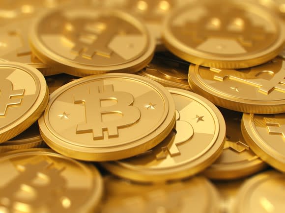 A pile of bitcoin coins.