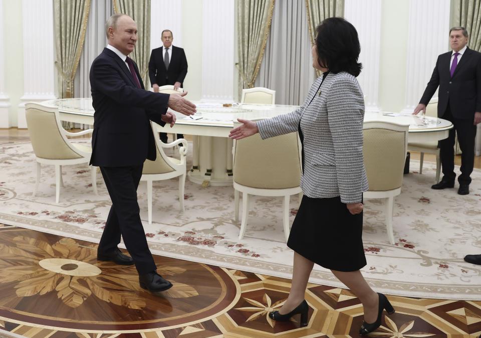 Russian President Vladimir Putin greets North Korean Foreign Minister Choe Son Hui during their meeting at the Kremlin in Moscow, Russia, Tuesday, Jan. 16, 2024. (Artyom Geodakyan, Sputnik, Kremlin Pool Photo via AP)