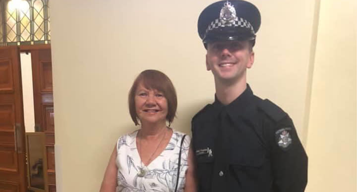 Josh Prestney, 28, pictured with his grandmother Eliza Anderson, has been identified as one of the police officers killed in the collision on. Wednesday night. Source: Herald Sun