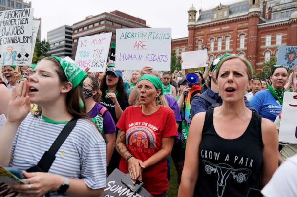 PHOTO: Women's March activists attend a protest in the wake of the U.S. Supreme Court's decision to overturn the landmark Roe v. Wade abortion decision, in Washington, D.C., July 9, 2022.  (Joshua Roberts/Reuters)