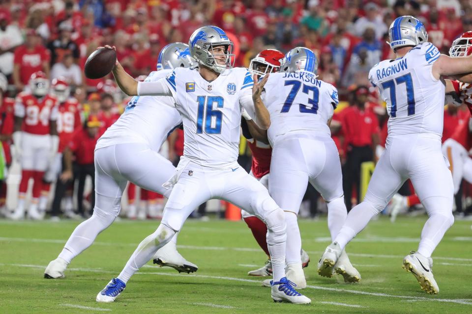 Detroit Lions quarterback Jared Goff (16) makes a pass against Kansas City Chiefs during the first half at Arrowhead Stadium in Kansas City, Mo. on Thursday, Sept. 7, 2023.