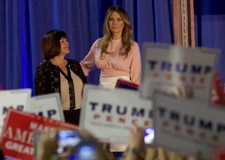 Melania Trump, right, arrives to campaign at in Berwyn, Pa. (Photo: Mark Makela/Reuters)