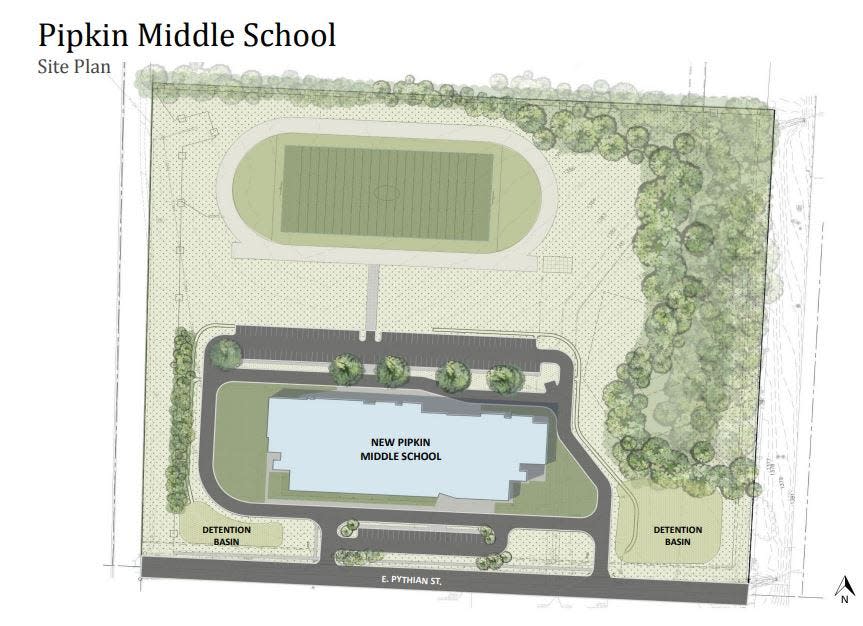 Paragon Architecture provided a proposed site plan for the new Pipkin Middle School. The image was presented Aug. 22 to the Springfield school board.