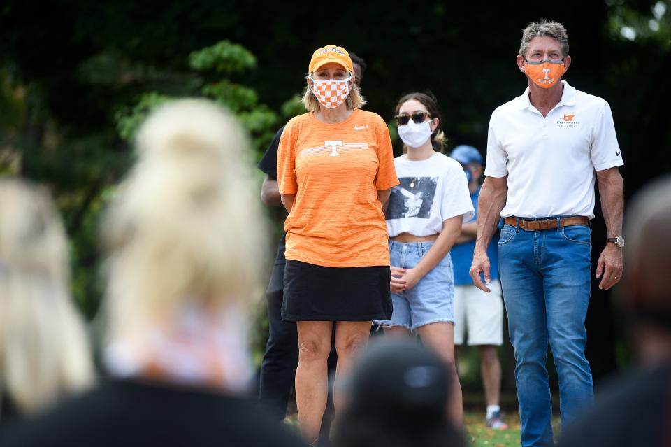 University of Tennessee Chancellor Donde Plowman and UT System President Randy Boyd are seen during an anti-racism march led by Black student-athletes on University of Tennessee’s campus from the Torchbearer statue to Ayres Hall Aug. 29, 2020.